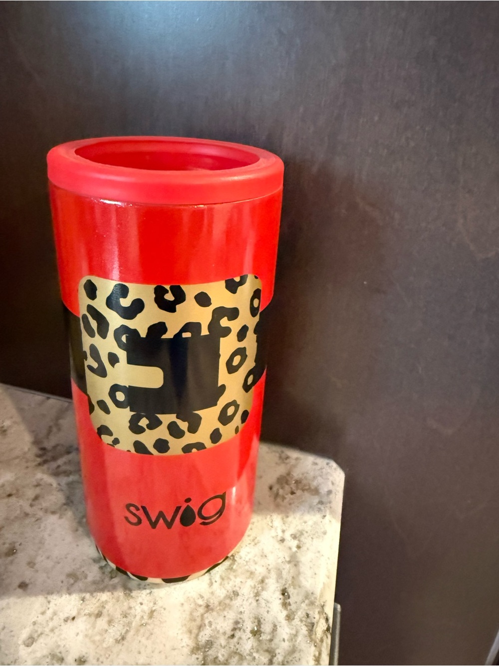 Swig Red Leopard Print Slim Can Kozie